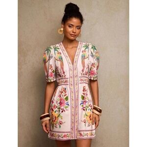 Tropical Parrot Floral V-Neck Puff Sleeve Mini Dress Cream Pink Large